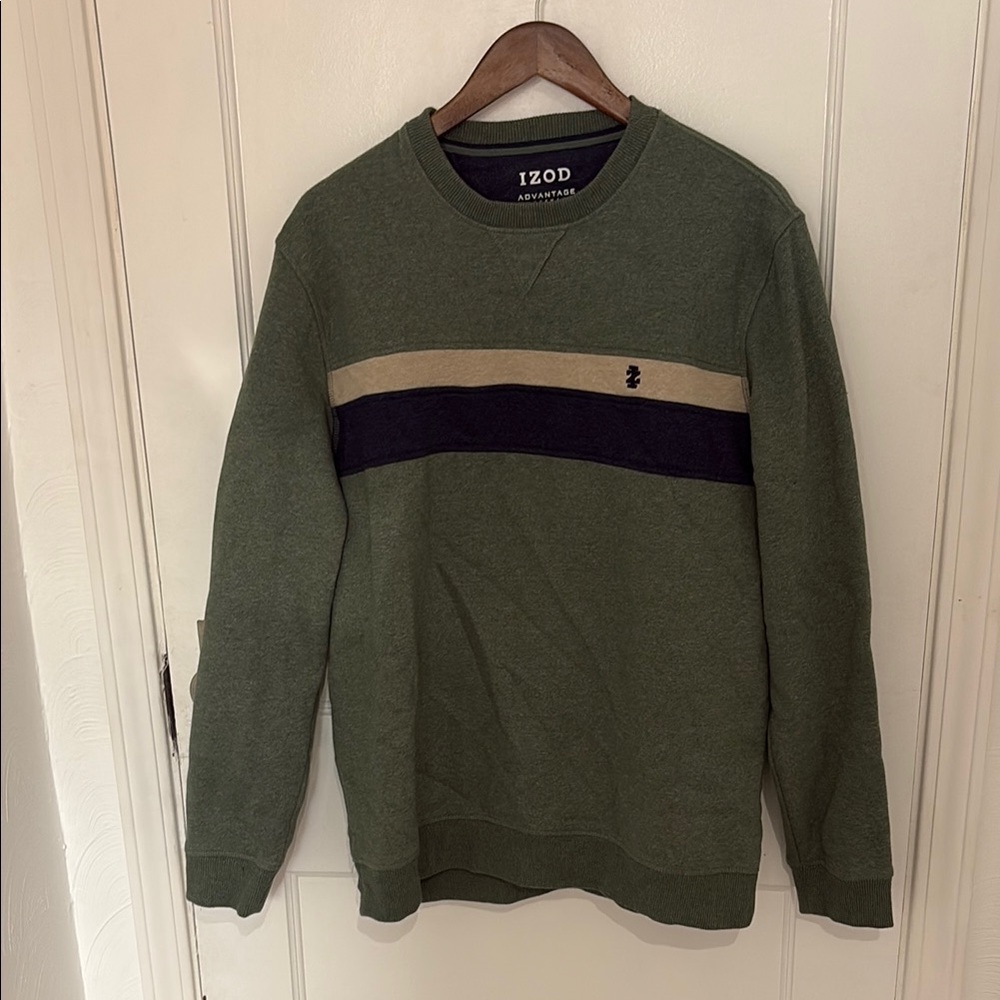 Izod Green and Tan Crewneck Sweater with Stripe Design